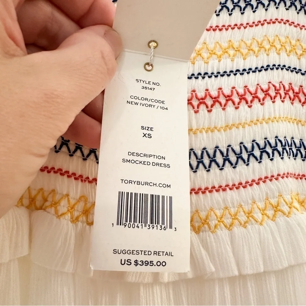 NWT Tory Burch Smocked Rainbow White Maxi Dress sz XS